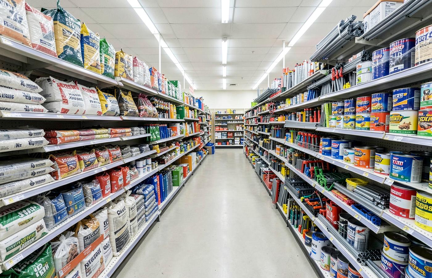 Construction materials and hardware stocked on shelves